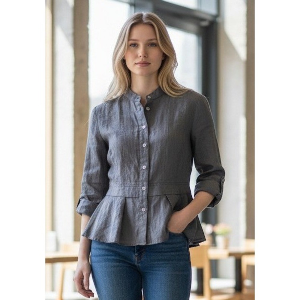 Armani Collezioni Black Linen/Viscose Blend Mandarin‎ Collar Button Blouse Top